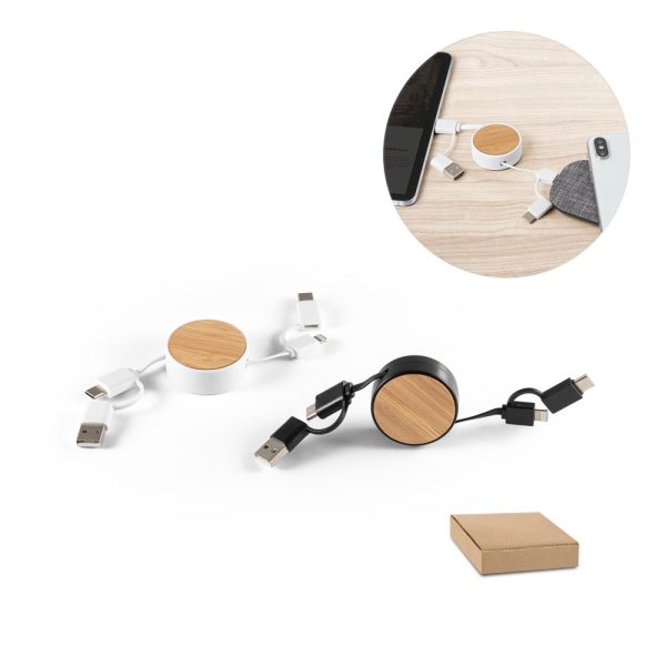 RUBINS. 6-v-1 USB kábel s mechanizmom na sťahovanie vyrobený z recyklovaného ABS (100 % rABS) a bambusu