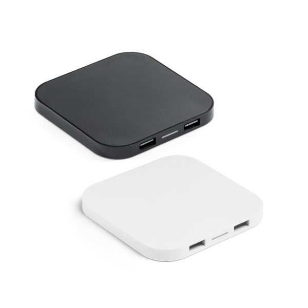 CAROLINE. Super rýchly bezdrôtový nabíjač vyrobený z 100 % recyklovaného ABS (rABS) s výkonom 15 W a 2 USB-A portami